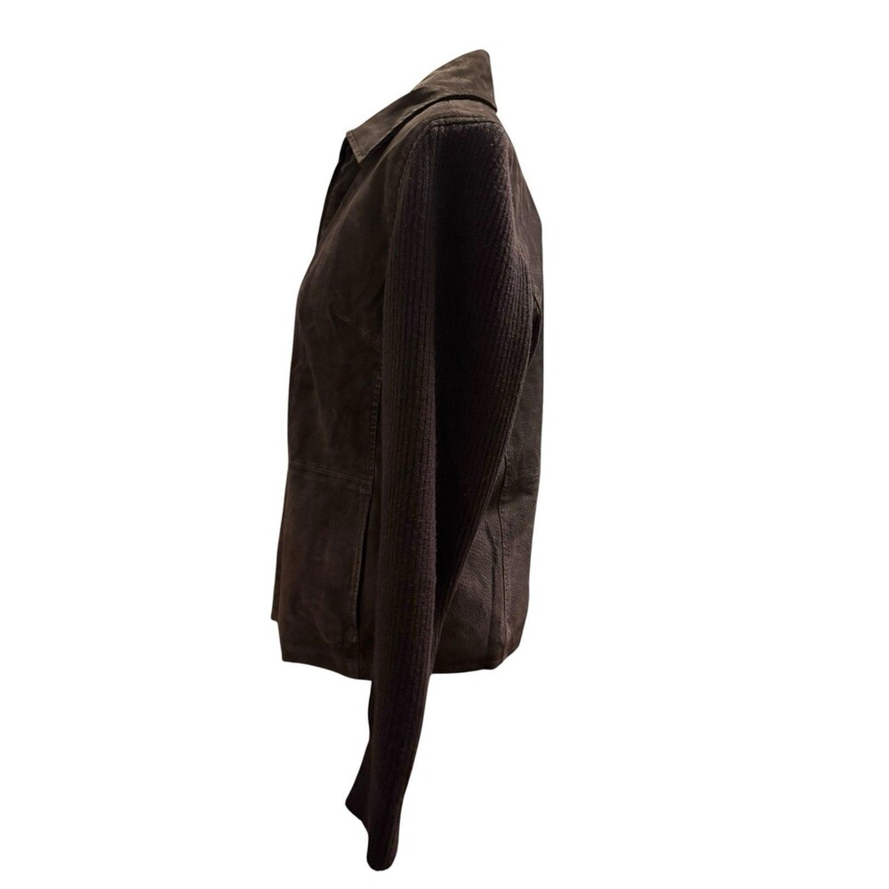 Fabio Vintage Y2K Brown Genuine Leather Ribbed Knit Sleeve Zip Jacket L - Picture 5 of 8